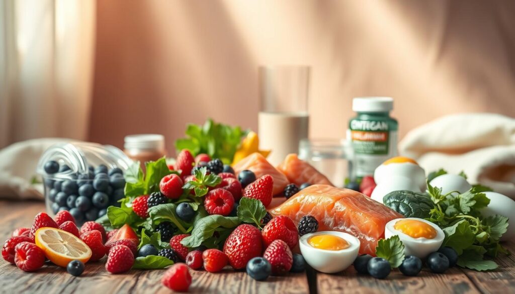 A beautifully lit still life scene depicting an assortment of nutrient-rich foods associated with the ovulatory phase of the menstrual cycle. In the foreground, a vibrant array of fresh berries, leafy greens, and lean protein such as salmon or eggs, artfully arranged on a rustic wooden table. In the middle ground, a glass of water and a selection of supplements like omega-3s, vitamin B6, and zinc, reflecting the increased nutritional needs during this phase. The background features a soft, warm-toned backdrop, perhaps a linen cloth or wooden paneling, creating a serene, nourishing atmosphere. Delicate natural lighting from a window or soft overhead source casts a gentle glow across the scene, highlighting the vibrant colors and textures of the ingredients.