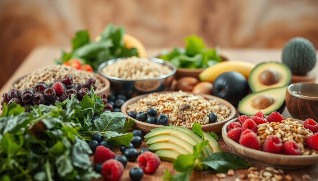 A bountiful table, bathed in soft, warm lighting, showcases an array of nourishing foods associated with the menstrual phase. In the foreground, a selection of leafy greens, such as spinach and kale, along with vibrant berries like blueberries and raspberries. In the middle ground, a variety of whole grains, including quinoa and brown rice, accompanied by creamy avocado slices and a scatter of hearty nuts and seeds. In the background, a backdrop of soothing, earthy tones, conveying a sense of balance and calm. The overall scene evokes a feeling of nurturing and self-care, reflecting the optimal dietary choices during this phase of the menstrual cycle.