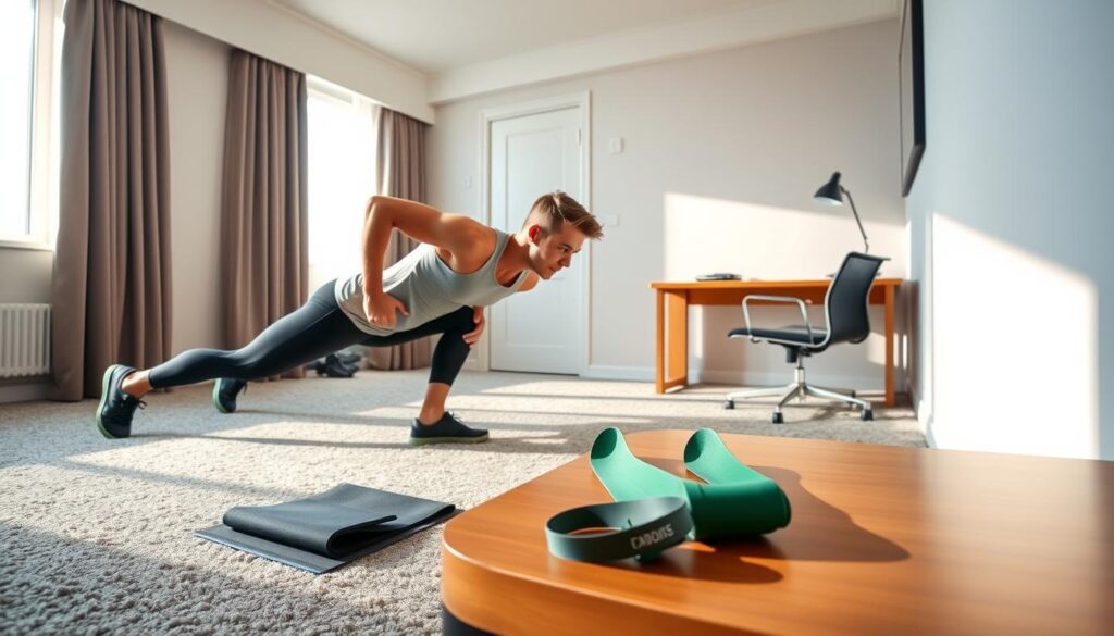 A bright, airy hotel room with natural light streaming through the windows. In the foreground, a fit individual performs a series of bodyweight exercises, such as push-ups, squats, and lunges, on a plush hotel room carpet. The middle ground showcases a compact exercise mat and a set of resistance bands, neatly arranged on a wooden side table. In the background, a sleek, modern hotel desk and chair stand ready for any work-related needs, creating a balanced space for both fitness and productivity. The overall atmosphere conveys a sense of energy, efficiency, and the ability to maintain a healthy lifestyle even while on the road.