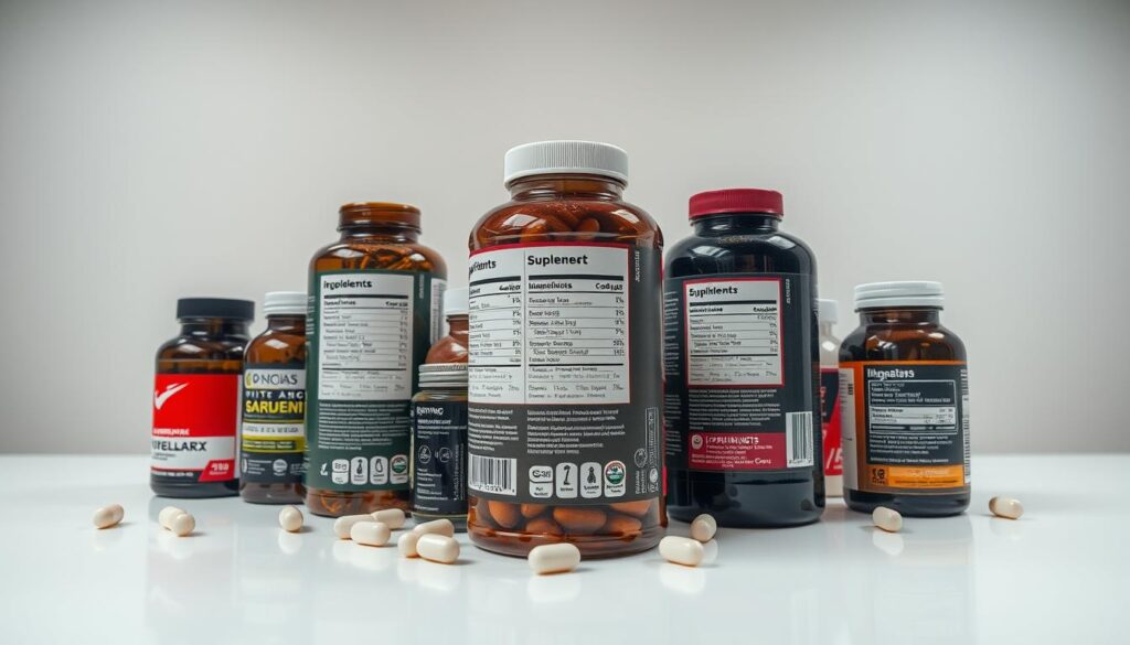 A clean, well-lit studio setting showcasing a tabletop display of various supplement bottles and containers. The bottles are neatly arranged, their labels prominently featured. The labels display detailed information such as ingredient lists, nutrition facts, serving sizes, and any regulatory disclaimers or certifications. The lighting is soft and evenly distributed, highlighting the textures and colors of the labels. The background is a neutral, minimalist backdrop, allowing the supplement labels to be the focal point. The overall composition conveys a sense of professionalism and attention to detail, emphasizing the importance of carefully reading supplement labels.
