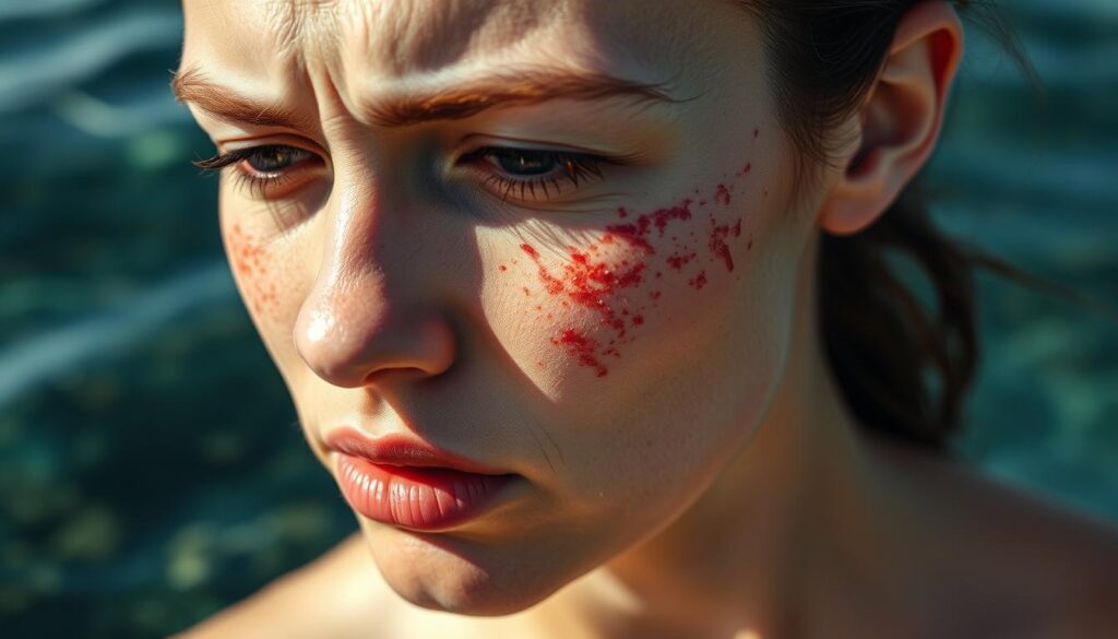A close-up shot of a person's face, skin displaying reddish irritation and inflammation, set against a backdrop of a serene marine environment. The subject's expression conveys unease and discomfort. Soft, diffused natural lighting illuminates the scene, creating a sense of vulnerability. The overall atmosphere is one of concern and potential side effects associated with marine collagen supplements. The composition highlights the contrast between the person's skin condition and the calming, aquatic setting.