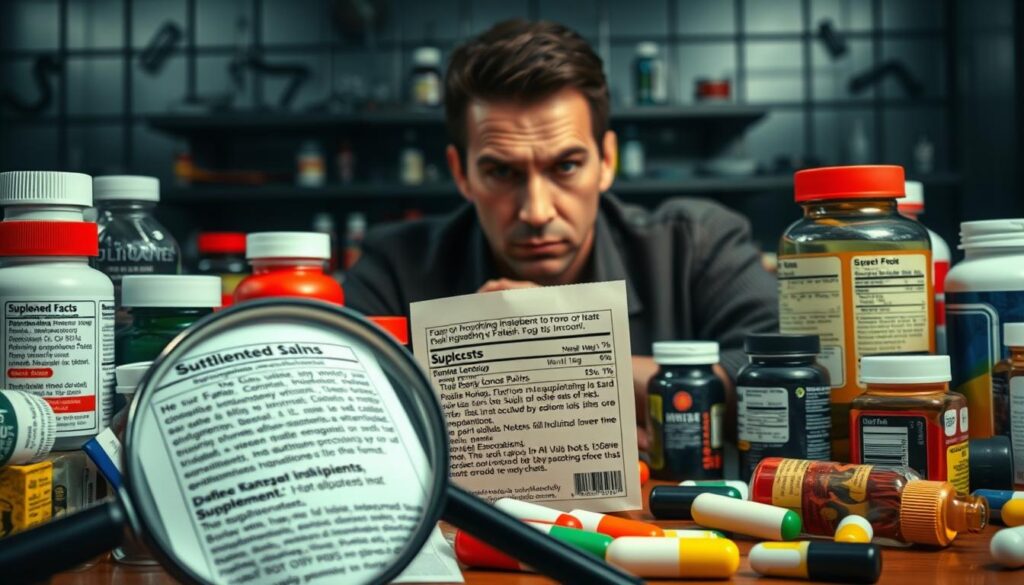 A cluttered table filled with various supplement bottles and containers, their labels showcasing exaggerated claims, misleading ingredients, and dubious endorsements. The foreground features a magnifying glass examining the fine print, revealing hidden disclosures and questionable practices. The middle ground shows a concerned consumer scrutinizing the labels, brow furrowed in skepticism. In the background, a dimly lit and ominous-looking laboratory backdrop, hinting at the shadowy world of unregulated supplement production. The overall scene conveys a sense of caution and the need for vigilance when navigating the supplement industry's marketing tactics.