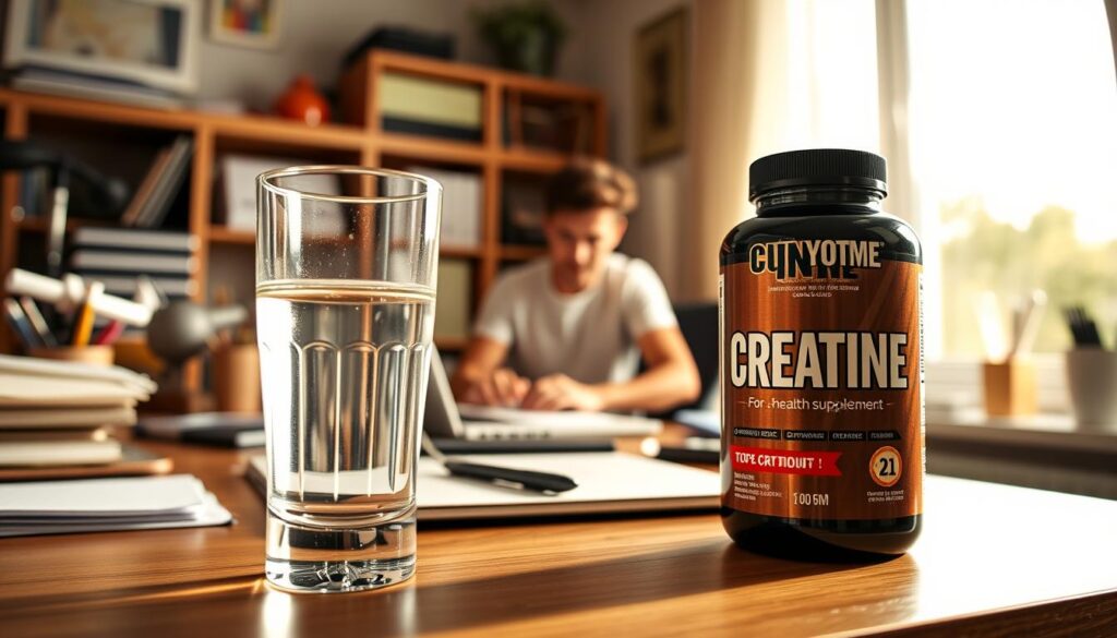 A cozy, well-lit home office setting with a desk, laptop, and various office supplies. In the foreground, a glass of water and a bottle of creatine supplement stand prominently, symbolizing how creatine can be used by non-athletes for general health and wellness. The middle ground features a person, casually dressed, working at the desk, demonstrating how creatine can be incorporated into a non-athletic lifestyle. The background showcases a window with a serene outdoor view, conveying a sense of balance and relaxation. The lighting is warm and natural, creating a inviting and approachable atmosphere. The overall scene suggests that creatine can be a beneficial supplement for anyone, not just for those who frequent the gym.