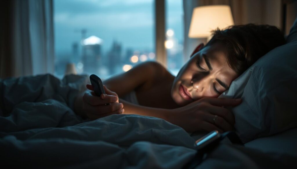 A dimly lit bedroom, the glow of a smartphone casting a soft light on a person's face, their eyes half-closed in a restless sleep. In the foreground, tangled bedsheets and a discarded smartwatch suggest a disrupted night's rest. The background features a blurred cityscape beyond the window, hinting at the constant technological demands of modern life. The scene conveys a sense of the detrimental impact of technology on sleep and recovery, essential for successful fat loss.