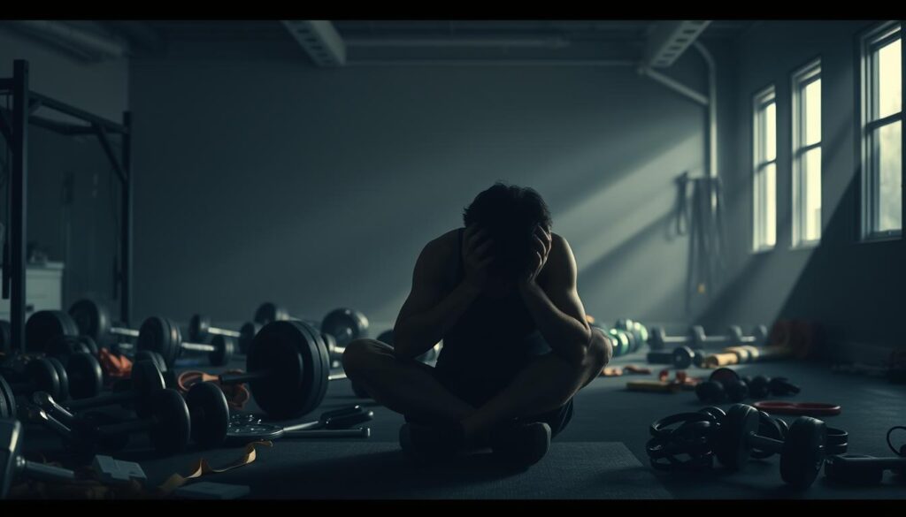 A dimly lit gym interior, with weights, resistance bands, and other fitness equipment scattered across the floor, symbolizing the "consistency killers" that disrupt a fitness journey. In the foreground, a person sits dejected, head in hands, surrounded by the clutter, conveying the frustration and sense of being overwhelmed. Soft, dramatic lighting casts long shadows, creating a moody, introspective atmosphere. The scene is captured with a medium-wide angle lens, emphasizing the claustrophobic nature of the setting. An air of melancholy permeates the image, highlighting the challenges of maintaining consistent, long-term fitness habits.