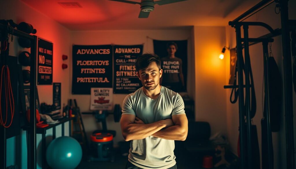 A dimly lit home gym interior, with a central focus on a person standing in a thoughtful pose, surrounded by various fitness equipment and tools. The background features a wall with motivational quotes and inspirational imagery, subtly hinting at the "advanced strategies" for overcoming fitness plateaus. Soft, warm lighting casts shadows that add depth and mood to the scene. The person's expression conveys determination and a sense of problem-solving, representing the "no gimmicks" approach. The overall atmosphere is one of focus, introspection, and a desire to push past limitations.