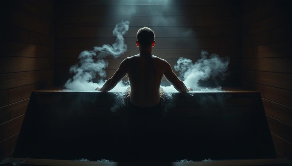 A dimly lit room, with a wooden sauna bench in the foreground. A person sits on the bench, their body partially submerged in an ice-cold water bath, steam rising from the surface. Dramatic chiaroscuro lighting illuminates the scene, casting strong shadows and highlights. The atmosphere is one of intense focus and determination, as the individual undergoes a session of cold exposure therapy. The walls are paneled in warm wood, creating a rustic, sauna-like ambiance. The lighting is soft and moody, creating a sense of introspection and personal transformation.