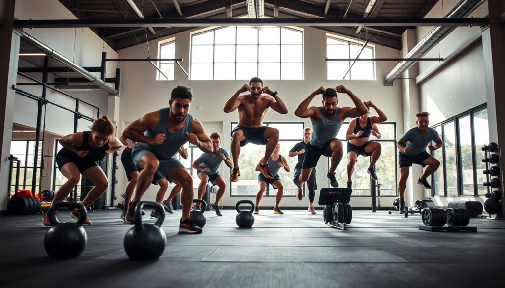 A high-energy fitness scene unfolding in a modern, well-equipped gym. The foreground features a group of athletes performing intense full-body exercises like burpees, mountain climbers, and squat jumps, their expressions focused and determined. The middle ground showcases strength training equipment like kettlebells, resistance bands, and weighted sleds, while the background depicts a spacious, minimalist space with high ceilings, exposed beams, and large windows allowing natural light to flood the scene. The lighting is bright and dynamic, capturing the movement and intensity of the workout. The overall atmosphere conveys a sense of challenge, motivation, and transformation.