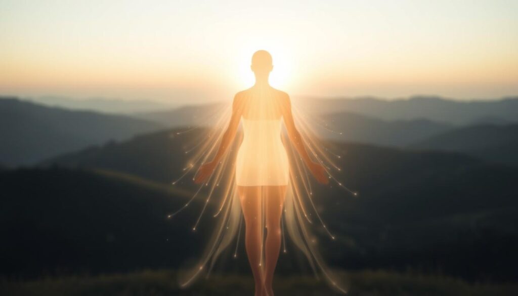 A luminous energy field surrounds a serene figure, shielding and nourishing them. Soft, diffused light emanates from the core, casting a protective glow. In the background, a tranquil landscape of rolling hills and a calming sky evokes a sense of balance and tranquility. The composition is elegant and minimalist, guiding the viewer's focus to the central energy force. Delicate wisps of energy radiate outward, creating a tangible sense of inner strength and resilience. This image captures the essence of mindful boundary-setting and energy preservation, the foundational pillars of sustainable wellbeing.