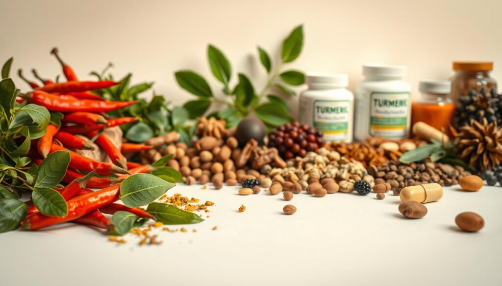A meticulously detailed still life composition showcasing an assortment of natural fat-burning ingredients. In the foreground, an array of vibrant herbs and spices, including cayenne pepper, green tea leaves, and turmeric roots, are artfully arranged against a clean, minimalist backdrop. The middle ground features a variety of nuts, seeds, and dried berries, each casting a soft, natural shadow. In the background, a selection of supplements and capsules in muted tones provides a sense of depth and balance. The overall scene is illuminated by warm, diffused lighting, creating a serene, wellness-inspired atmosphere.