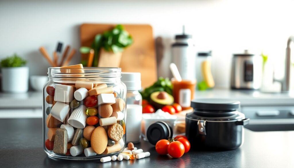 A modern, minimalist kitchen countertop, filled with a variety of healthy foods and supplements. In the foreground, a sleek glass jar contains an assortment of vitamins, minerals, and powders, arranged neatly. In the middle ground, a cutting board showcases fresh produce like avocados, spinach, and tomatoes, alongside a blender and a water bottle. The background features clean, bright lighting, casting a warm glow over the scene, evoking a sense of balance and wellness. The overall composition emphasizes the importance of a well-planned, nutrient-dense reverse dieting plan, with a focus on whole, unprocessed foods and targeted supplementation.