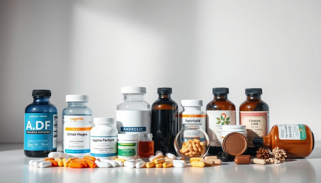 A neatly arranged composition of various nootropic supplements and cognitive enhancement aids, including pills, capsules, powders, and liquids, set against a clean, minimalist background. The items are displayed in an organized, visually appealing manner, suggesting a carefully curated "brain-boosting stack" designed to optimize mental performance. The lighting is soft and diffused, creating a sense of clarity and focus. The camera angle is slightly elevated, providing an overview of the arrangement while maintaining a sense of depth and dimension. The overall mood is one of scientific precision, health-conscious diligence, and a promise of cognitive enhancement.
