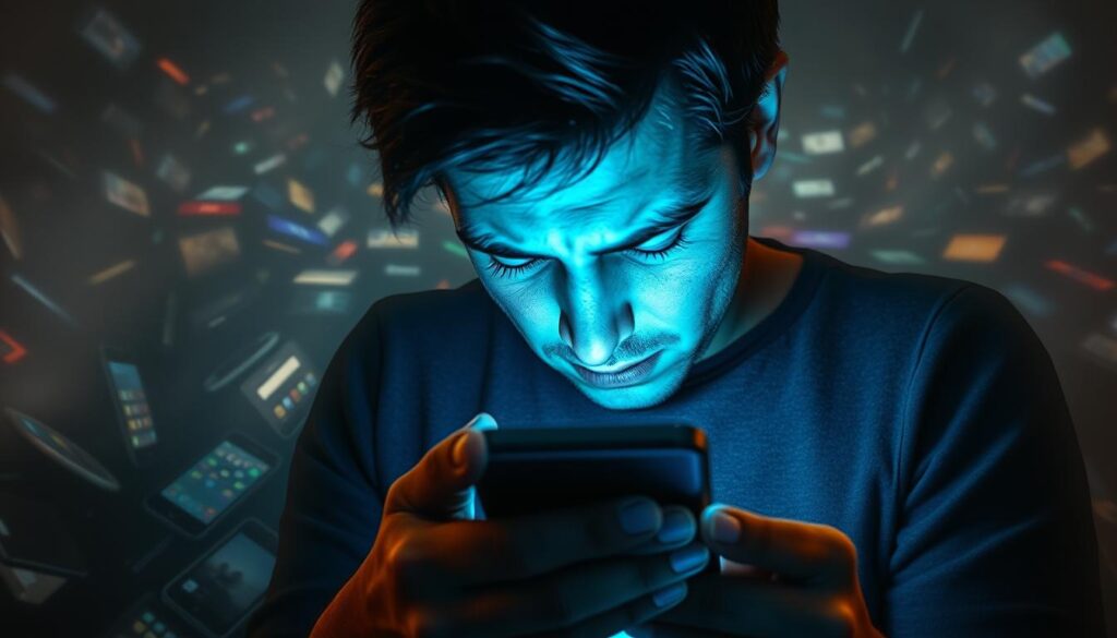 A person slumped over a smartphone, their expression distressed, surrounded by a swirling maelstrom of digital devices and notifications. In the foreground, the figure's face is illuminated by the harsh blue glow of the screen, casting deep shadows and highlighting the tension in their features. In the middle ground, a cacophony of smartphones, tablets, and computers crowd the scene, their screens flickering with endless streams of data. In the background, the environment is hazy and indistinct, suggesting the overwhelming nature of digital distractions. The overall mood is one of anxiety, isolation, and the detrimental impact of excessive digital habits on mental well-being.