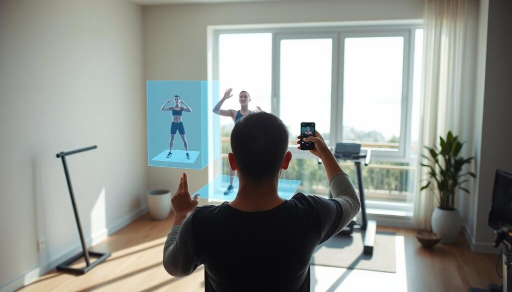 A person using an AR fitness app, standing in a well-lit, airy home gym. The app projection shows a personal trainer demonstrating a series of exercises on a holographic display. The user follows along, their body movement tracked by the AR system. The room has minimalist decor, with sleek equipment and a large window overlooking a serene outdoor scene. Natural daylight floods the space, creating soft shadows and highlights. The overall atmosphere is calm, motivating, and immersive, reflecting the guided, interactive nature of the AR fitness experience.