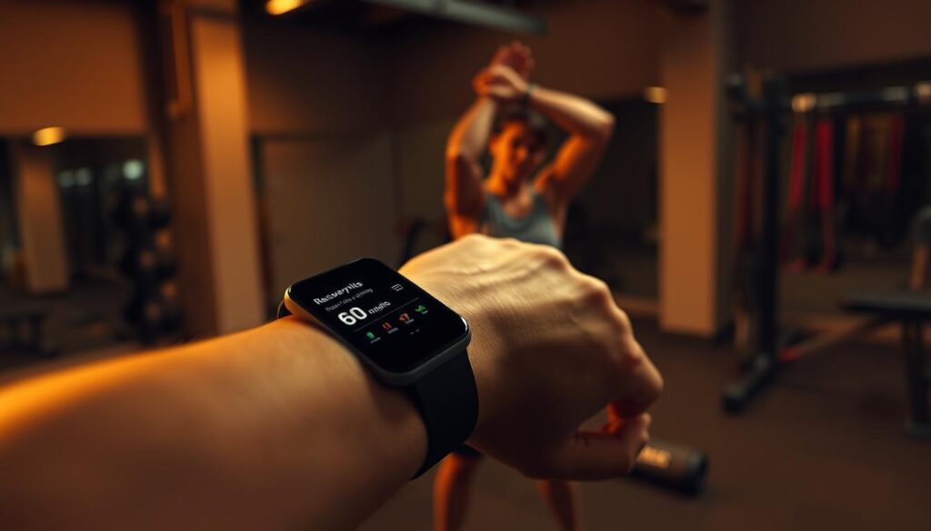A person wearing a fitness tracker on their wrist, standing in a dimly lit gym environment. The foreground shows the wearable device display, highlighting various recovery metrics and insights. The middle ground depicts the person stretching and engaging in light recovery exercises, their movements captured in a slightly blurred effect to convey motion. The background features workout equipment, including a foam roller and resistance bands, suggesting a focus on post-workout recovery optimization. The overall scene is bathed in a warm, amber-tinted lighting, creating a contemplative and introspective atmosphere.