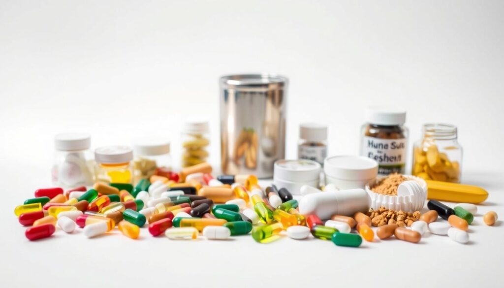 A personalized selection of dietary supplements arranged on a clean, minimalist background. In the foreground, an assortment of pills, capsules, and powders in various colors and shapes, each item precisely positioned. In the middle ground, a stainless-steel or glass container, reflecting the lighting and creating a sense of depth. The background is a soft, evenly-lit gradient, drawing the viewer's attention to the central focus. The lighting is diffused and natural, creating subtle shadows that add dimension to the scene. The overall mood is one of organization, health, and intentionality, reflecting the strategic approach to building a personalized supplement stack.