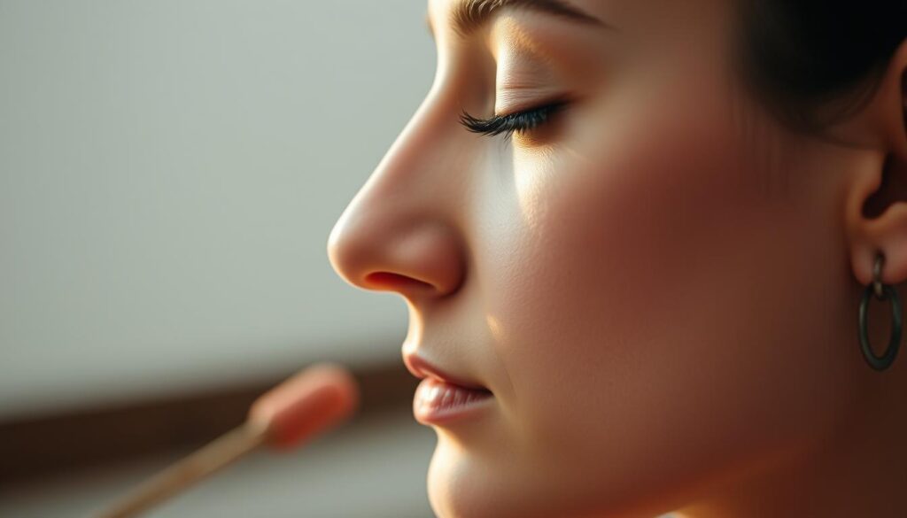 A serene, close-up portrait of a person's face in profile, gently closing their eyes and resting their fingertips lightly on the sides of their nose, as they practice the alternate nostril breathing technique. The lighting is soft and diffused, casting a warm, calming glow on the subject's features. The background is slightly blurred, suggesting a tranquil, minimalist setting, allowing the viewer to focus on the meditative act. The overall mood is one of deep focus, inner balance, and a sense of mindful, restorative breathing.