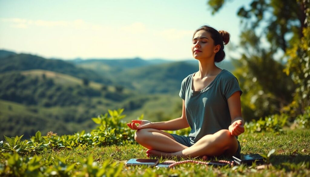 A serene landscape of lush greenery, with a clear blue sky overhead. In the foreground, a person sits cross-legged, eyes closed, their face radiating a sense of tranquility and inner calm. Soft, diffused lighting bathes the scene, creating a soothing, peaceful atmosphere. In the middle ground, a smartphone and other digital devices are set aside, symbolizing a temporary disconnect from the digital world. The background features a calming, natural setting, such as rolling hills or a serene body of water, suggesting a retreat from the stresses of everyday life. The overall composition conveys the restorative benefits of digital detox, highlighting the harmony between the human mind, nature, and a temporary separation from technology.