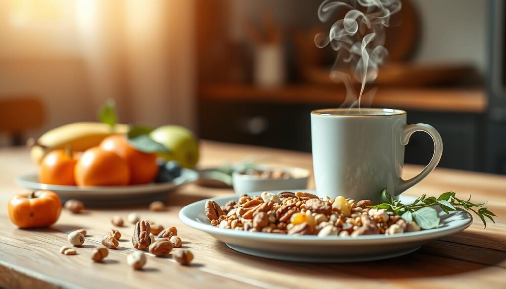 A serene, minimalist kitchen scene with fresh, wholesome ingredients on a wooden table. In the foreground, a plate of seasonal fruits, nuts, and whole grains - the building blocks of a nourishing diet. In the middle ground, a steaming mug of herbal tea, emitting wisps of fragrant vapor. The background is bathed in soft, warm lighting, evoking a sense of tranquility and relaxation. The overall mood is one of simplicity, balance, and the restorative power of mindful eating and self-care.