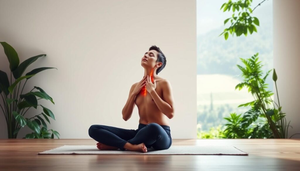 A serene, minimalist scene depicting natural techniques for vagus nerve stimulation. In the foreground, a person sitting cross-legged, eyes closed, fingers gently resting on the carotid artery, stimulating the vagus nerve. The middle ground features a simple, uncluttered background, with soft, natural lighting illuminating the scene. In the background, lush green foliage and a calming, natural landscape, creating a sense of tranquility and connection with the outdoors. The overall mood is one of relaxation, mindfulness, and the harmonious integration of mind and body.
