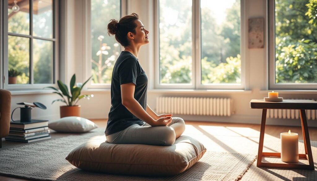 A serene morning scene of a person practicing breathwork in a cozy, sun-lit room. The foreground features a person sitting cross-legged on a plush meditation cushion, eyes closed, hands resting on their lap as they inhale and exhale deeply. The middle ground showcases minimalist home decor - a potted plant, a stack of books, and a candle flickering on a sleek wooden side table. The background reveals large windows overlooking lush greenery outside, casting a warm, natural glow throughout the space. The overall atmosphere is one of tranquility, focus, and a sense of grounding to start the day.