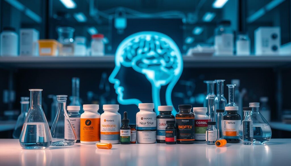 A sleek, minimalist laboratory setup with glass beakers, test tubes, and scientific instruments in the foreground. In the middle ground, an array of various nootropic supplements and wellness products, their labels and packaging prominently displayed. The background features a blurred, out-of-focus image of a human brain, glowing with neural activity. The lighting is cool and clinical, with subtle blue and green hues creating a sense of cutting-edge technology and scientific rigor. The overall mood is one of focus, precision, and the pursuit of enhanced cognitive and physical performance.