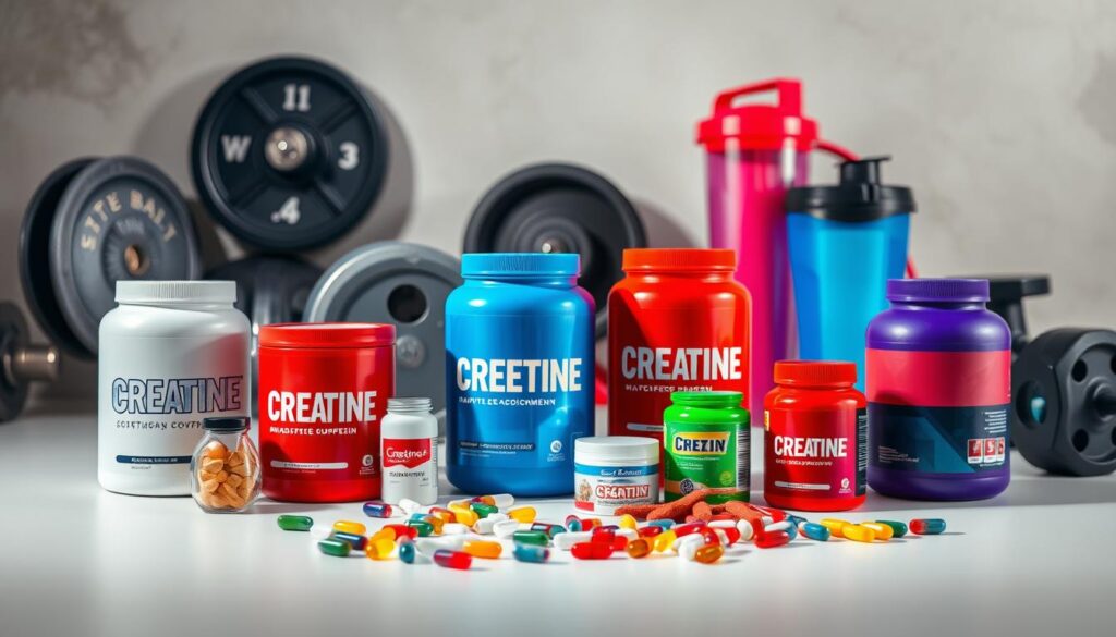 A sleek, minimalist still life depicting various creatine supplements and their benefits. The foreground features an array of creatine powder containers, capsules, and tablets in a range of vibrant colors, artfully arranged on a clean, white surface. The middle ground showcases a collection of bodybuilding equipment, such as weight plates, dumbbells, and protein shakers, hinting at the supplement's fitness applications. The background is a softly blurred, neutral-toned backdrop, allowing the creatine products to take center stage. The lighting is soft and directional, creating gentle shadows and highlights that accentuate the three-dimensional forms. The overall composition conveys a sense of balance, quality, and the diverse benefits of incorporating creatine supplements into a healthy lifestyle.