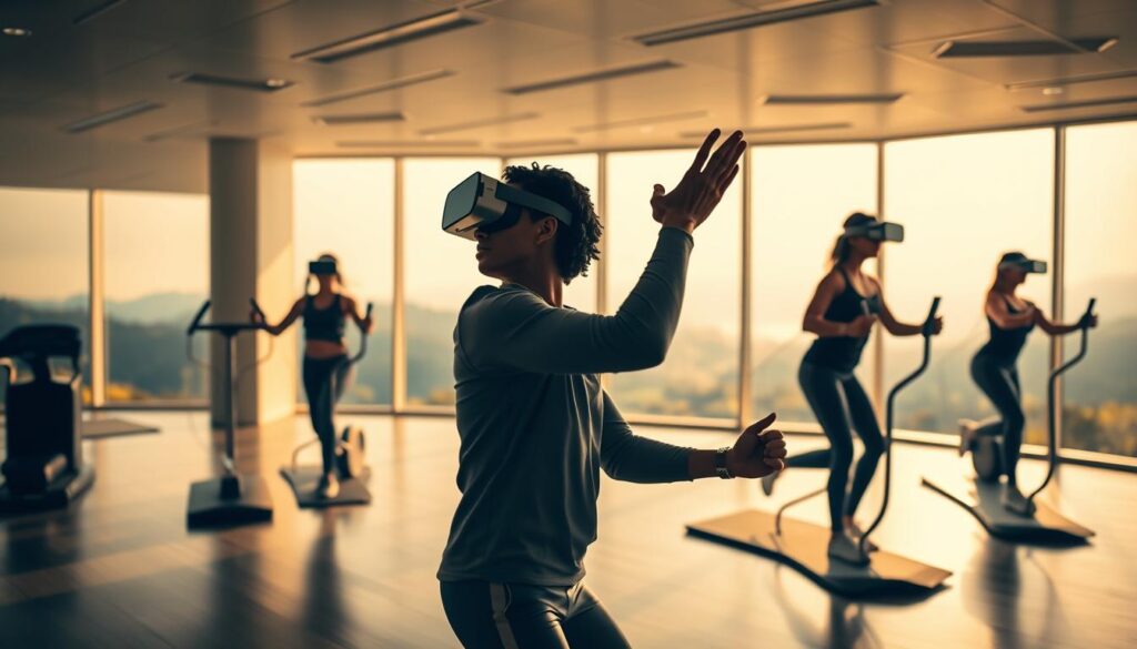 A spacious, sunlit fitness studio with sleek, futuristic equipment. In the foreground, a person engrossed in a virtual reality headset, their body twisting and turning as they navigate an immersive workout routine. The middle ground features additional individuals mimicking their movements, each tethered to their own VR setup. The background showcases panoramic windows revealing a serene, nature-inspired landscape, bathing the scene in warm, diffused lighting. The overall atmosphere evokes a sense of focus, flow, and seamless integration of technology and wellness.
