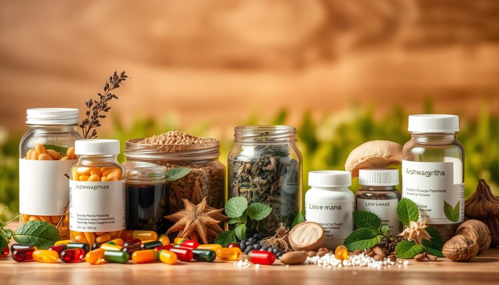 A still life composition of various natural nootropic supplements set against a soft, warm-toned background. In the foreground, an assortment of vibrant plant-based capsules, powders, and tinctures arranged in an aesthetically pleasing manner. The middle ground features glass jars filled with raw herbs, roots, and berries commonly used in nootropic formulations, such as ashwagandha, ginkgo biloba, and lion's mane mushroom. In the background, a blurred organic backdrop, perhaps a field of lush greenery or a wooden surface, conveying a sense of natural harmony. Soft, directional lighting illuminates the scene, creating subtle shadows and highlights that enhance the natural textures and colors of the elements. The overall mood is one of tranquility, vitality, and the power of nature-derived cognitive enhancements.