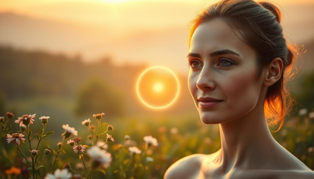 A tranquil scene depicting the harmonious balance of hormones, the foundation of optimal health. In the foreground, a serene human figure, their face radiating a sense of calm and well-being. Surrounding them, a lush, verdant landscape, with delicate flowers and herbs symbolic of the body's natural rhythms. The middle ground features a glowing orb, representing the endocrine system, its luminous energy ebbing and flowing in perfect equilibrium. In the background, a soft, hazy sky, bathed in warm, golden light, conveying a sense of wholeness and rejuvenation. The entire composition is captured with a soft, dreamlike focus, creating an atmosphere of holistic wellness and hormonal harmony.