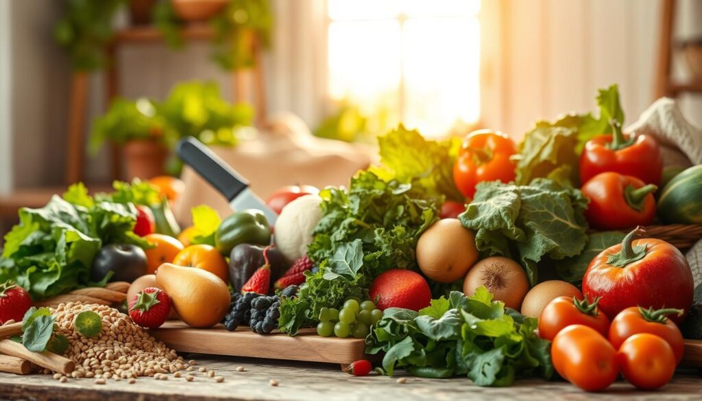 A vibrant and nourishing still life composition depicting the essence of nutrient density. In the foreground, an array of fresh, wholesome ingredients - leafy greens, vibrant vegetables, succulent fruits, and hearty grains. The middle ground showcases a cutting board with a knife, symbolizing the preparation and transformation of these nutrient-rich foods. In the background, a warm, natural light filters through a window, casting a soft, golden glow and emphasizing the abundance and vitality of these wholesome elements. The scene exudes a sense of balance, simplicity, and a celebration of the inherent nourishment found in high-quality, minimally-processed whole foods.