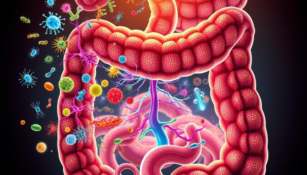 A vibrant, cross-sectional illustration depicting the gut microbiome as a bustling hormonal factory. In the foreground, dynamic representations of gut bacteria, enzymes, and neurotransmitters interact to produce a diverse array of hormones, including thyroid, cortisol, and others. The middle ground showcases the gut-brain axis, with neural pathways and blood vessels carrying these hormones to influence the body's endocrine system. In the background, a richly detailed anatomical landscape of the digestive tract, with intricate textures and a soft, warm lighting that conveys the gut's vital role as a hormonal powerhouse supporting overall wellness.