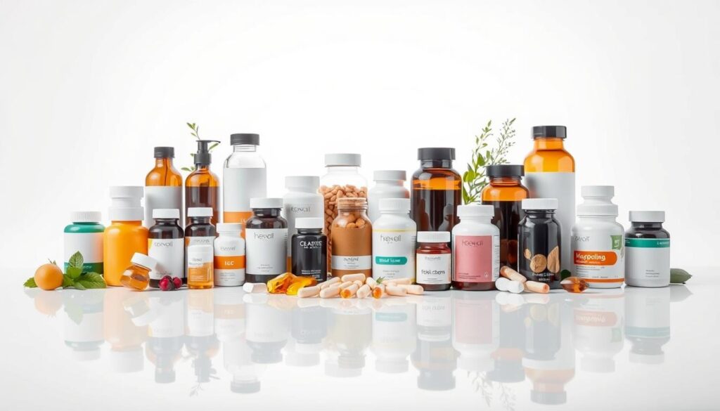A vibrant, high-resolution image of various anti-aging supplements arranged on a sleek, minimalist white background. The foreground features a diverse assortment of bottles, jars, and capsules in different shapes and sizes, showcasing a range of herbal, vitamin, and mineral-based formulas. The middle ground includes a subtle reflection of the supplements, creating a sense of depth and sophistication. The background is illuminated with soft, diffused lighting, emphasizing the clean, clinical aesthetic. The overall composition conveys a sense of scientific authority and the promise of youthful vitality, without exaggeration or false claims.
