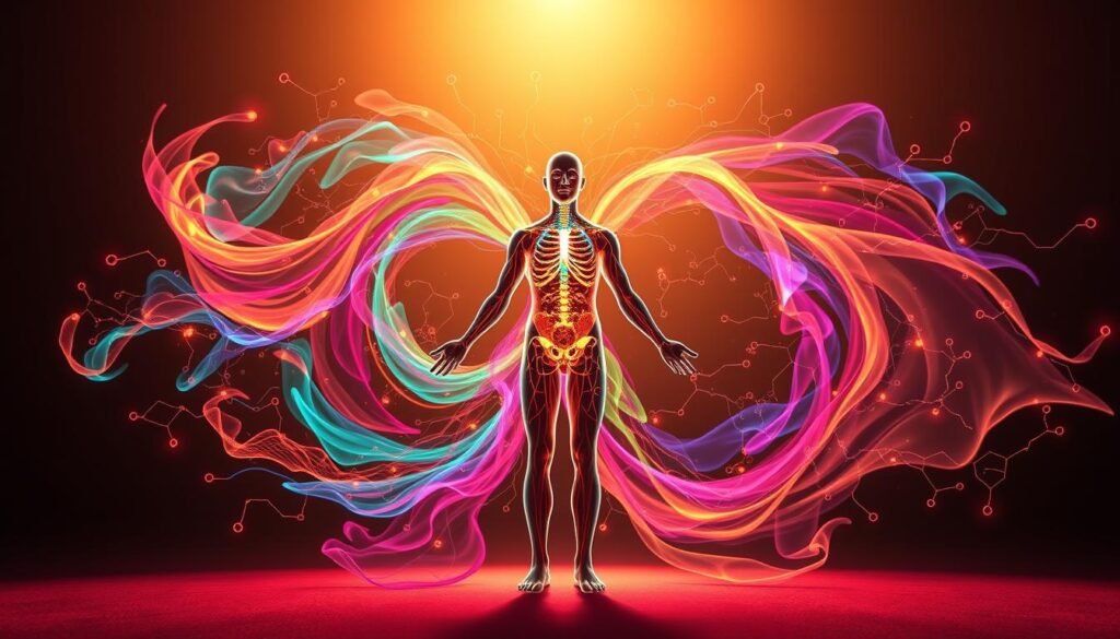 A vibrant illustration of metabolic flexibility, showcasing the dynamic interplay between carbohydrate and fat metabolism. In the foreground, a human figure stands in a meditative pose, their body radiating an ethereal glow. Surrounding them, a swirling dance of colorful energy, representing the seamless transition between fuel sources. In the middle ground, intricate molecular structures and metabolic pathways weave together, hinting at the intricate biochemical processes at work. The background is bathed in a warm, golden light, creating a sense of balance and harmony. Captured with a wide-angle lens, the composition emphasizes the holistic nature of metabolic flexibility, a key to sustainable fat loss.