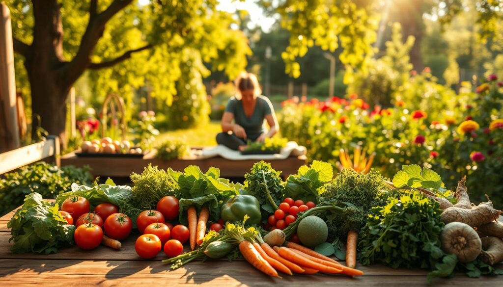 A vibrant, sun-dappled outdoor scene showcasing the beauty of sustainable eating. In the foreground, a wooden table is adorned with an array of fresh, organic produce - crisp leafy greens, juicy tomatoes, crunchy carrots, and earthy roots. In the middle ground, a person sits contentedly, preparing a nourishing salad, their movements graceful and unhurried. Surrounding them, a lush garden thrives, its verdant foliage and blooming flowers creating a serene, restorative atmosphere. Warm, golden light filters through the canopy of trees, casting a soft glow over the entire scene. The overall impression is one of harmony, wholeness, and a deep connection to the natural world, inviting the viewer to slow down, savor, and embrace a sustainable, balanced way of living. Prompt