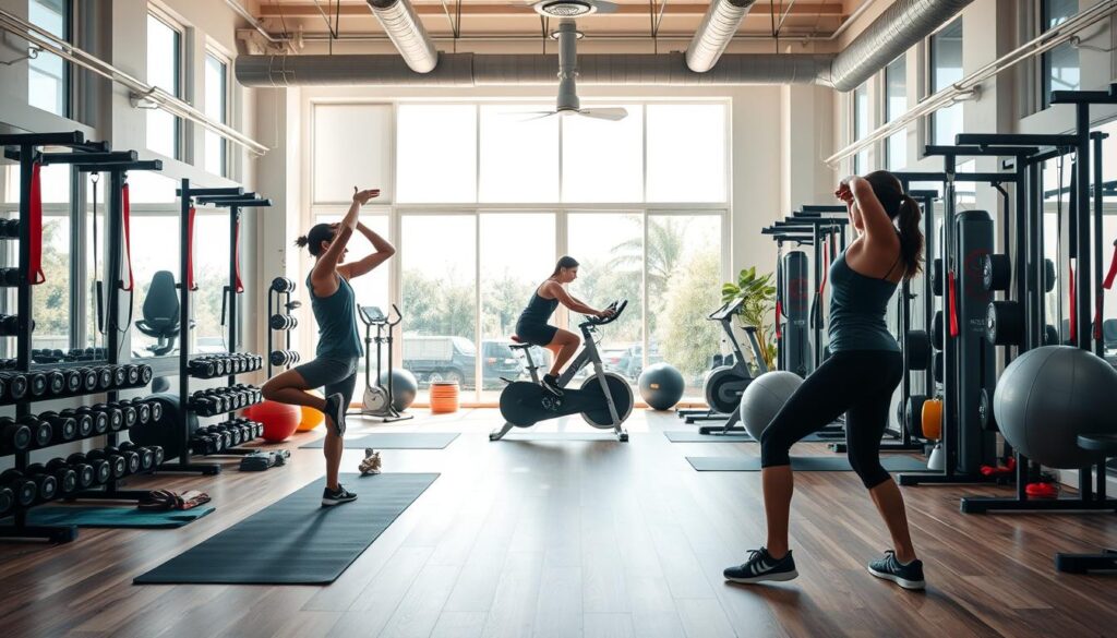 A well-equipped gym with natural light streaming through large windows, filled with a diverse array of fitness equipment - from free weights and resistance bands to yoga mats and exercise balls. In the foreground, a person is performing a series of dynamic stretches, their body in motion as they prepare for a full-body workout. The middle ground features a person utilizing a stationary bike, their focus unwavering as they push themselves. In the background, another individual is engaged in a core-strengthening routine on a Swiss ball. The overall atmosphere exudes a sense of determination, wellness, and adaptability - capturing the essence of fitness while on the road for long-term travel.