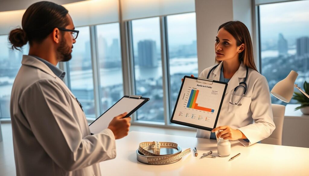 A well-lit doctor's office with a sleek, modern aesthetic. In the foreground, a healthcare professional in a white lab coat examines a patient's BMI chart on a clipboard, assessing their weight loss progress with a thoughtful expression. The middle ground features a scale, a tape measure, and other weight-related medical instruments arranged neatly on a minimalist desk. The background showcases large windows overlooking a serene city skyline, conveying a sense of professionalism and wellness. Soft, directional lighting illuminates the scene, creating a warm and inviting atmosphere conducive to effective weight loss strategy planning.