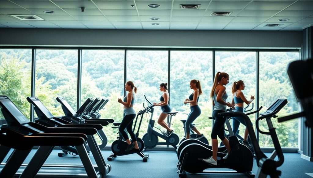 A well-lit gymnasium interior with sleek exercise equipment in the foreground - treadmills, stationary bikes, and free weights. In the middle ground, a group of people engaged in various workout routines, their faces determined as they push their limits. The background features large windows overlooking a lush, verdant landscape, bathing the scene in a soft, natural light. The overall mood is one of dynamic energy and a sense of progress, conveying the effectiveness of exercise-based weight loss approaches.