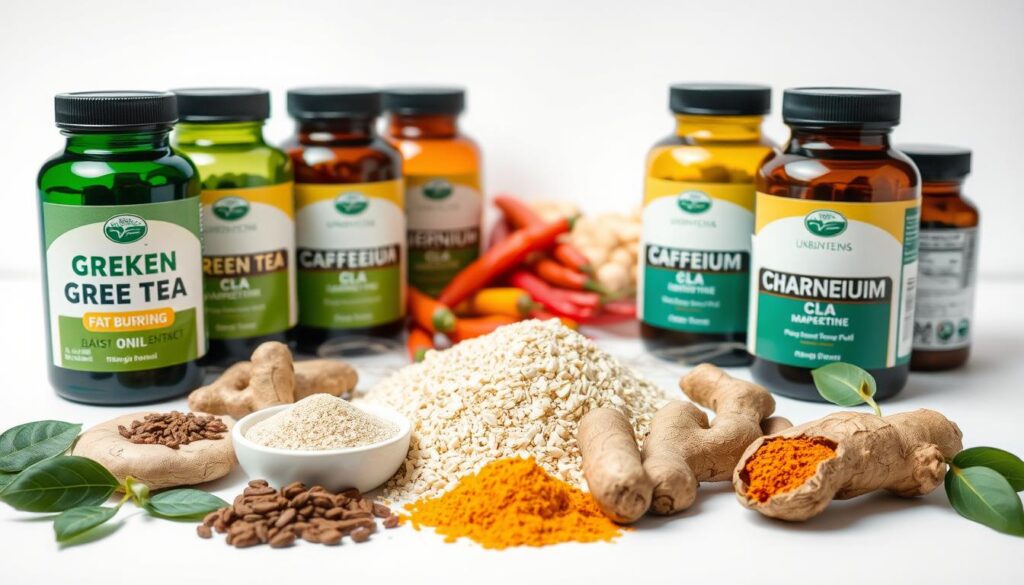 A well-lit, high-resolution image of various common fat burner ingredients arranged on a white background. In the foreground, display bottles or jars of popular fat-burning supplements such as green tea extract, caffeine, chromium, L-carnitine, and CLA. In the middle ground, include additional ingredients like cayenne pepper, ginger, and turmeric in their natural forms. Capture the textures and colors of these ingredients to create a visually appealing and informative composition. Use a clean, uncluttered layout that allows the individual components to be easily identified. Convey a sense of scientific precision and health-conscious wellness.