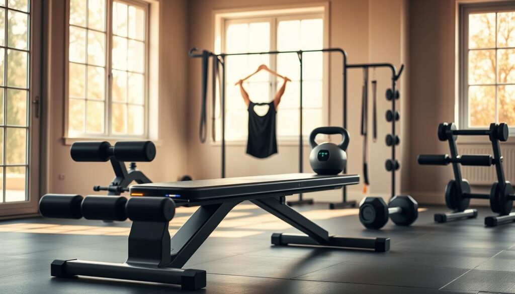 A well-lit home gym setting featuring an array of modern, sleek strength training equipment. In the foreground, a state-of-the-art smart weight bench with integrated sensors and workout tracking capabilities. In the middle ground, a set of connected resistance bands and a smart kettlebell with a digital display. The background showcases a freestanding pull-up bar and a set of adjustable dumbbells with touch-sensitive handles. Warm, natural lighting filters in through large windows, creating a serene, motivating atmosphere. The equipment is arranged in a clean, minimalist layout, suggesting a thoughtful, technology-driven approach to strength training in a home setting.