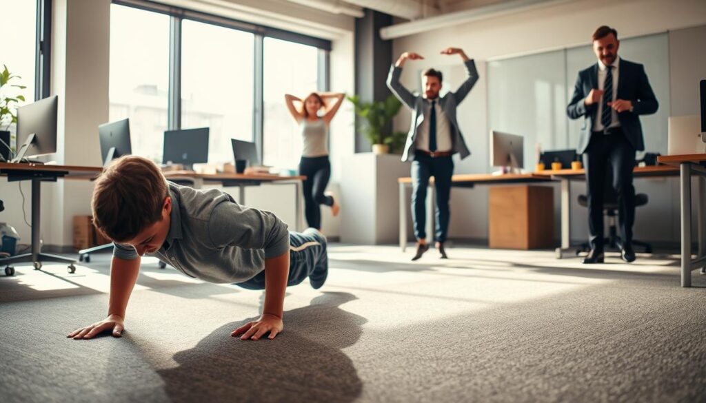A well-lit office scene, the foreground depicts a person doing a set of pushups on the floor during a short break. In the middle ground, another person is stretching their arms overhead, while in the background, a colleague is engaged in a brief jumping jack routine. Natural daylight streams in through the windows, casting a warm glow on the micro workouts taking place. The atmosphere is focused yet relaxed, conveying the efficiency and benefits of integrating small bursts of physical activity into the workday.