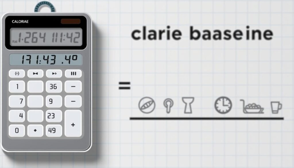A well-lit, technically detailed illustration of a calorie baseline calculation. A modern, minimalist design with a clean, organized layout. In the foreground, a digital calculator displays numerical data and calculations. In the middle ground, a series of icons and infographic elements visually communicate the concept of calorie balance. The background features a subtle grid or graph paper pattern, conveying a sense of structure and precision. The overall mood is one of clarity, functionality, and scientific precision, reflecting the practical, evidence-based strategies for successful reverse dieting.