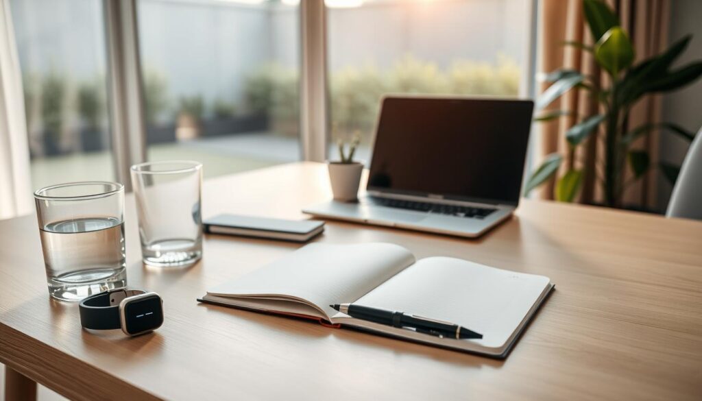 A well-organized home office with a modern, minimalist aesthetic. In the foreground, an open notebook and a pen rest on a clean, wooden desk, alongside a fitness tracker and a glass of water. In the middle ground, a potted plant and a sleek, state-of-the-art laptop computer sit on the desk, casting a warm, natural light. In the background, a large window overlooks a serene outdoor scene, with a hint of a lush, verdant garden visible. The overall mood is one of focus, balance, and a harmonious blend of productivity and wellness.