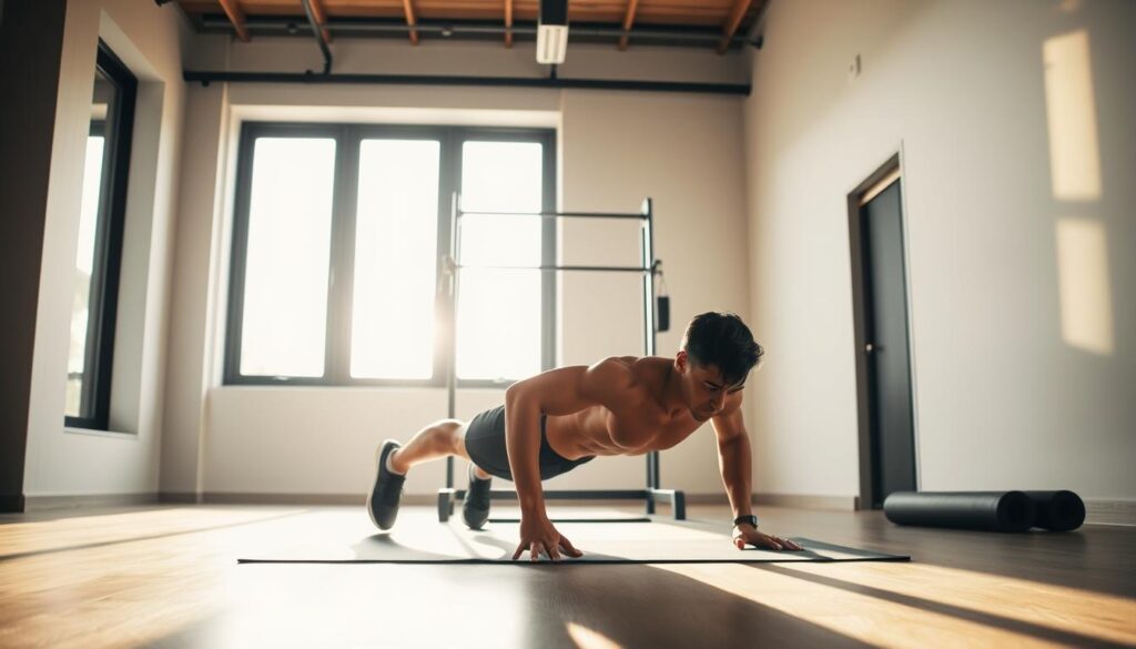 An athletic individual performing a series of exercises in a minimalist home gym, bathed in warm, natural light filtering through large windows. In the foreground, the person executes flawless push-ups, their form pristine. The middle ground reveals a sturdy weight rack and yoga mat, symbols of their dedication to a well-rounded fitness regimen. In the background, a sleek, uncluttered space with clean lines and muted tones, fostering a sense of calm focus. The scene conveys a harmonious balance of physical exertion and mental discipline, the hallmarks of a fitness consistency champion.