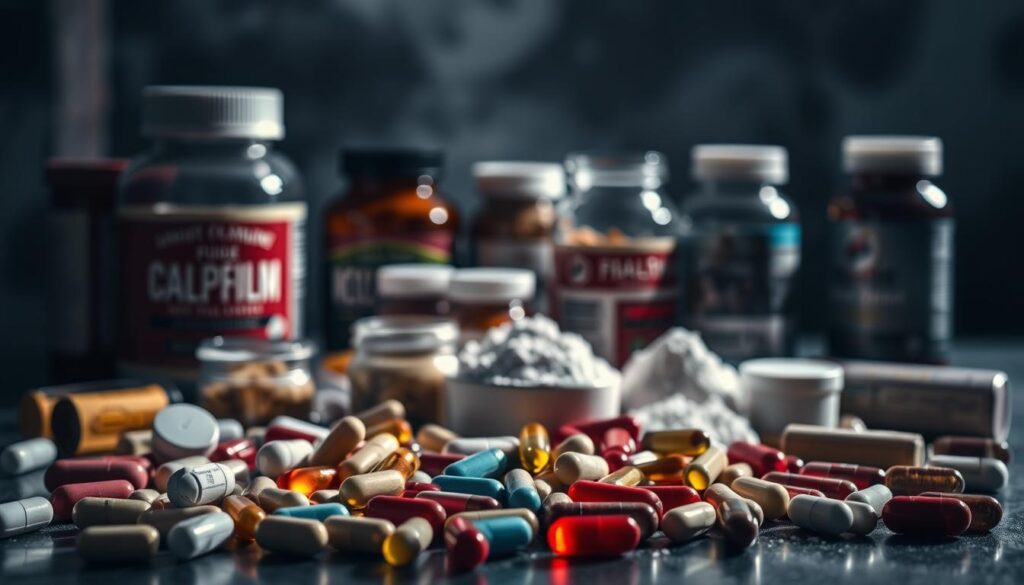 Assorted muscle building supplements arranged on a dark, moody background. In the foreground, a selection of pills, powders, and capsules in various shapes and colors, lit from the side to create dramatic shadows. In the middle ground, blurred jars and bottles with labels hinting at their contents. The background fades into a shadowy, industrial-like setting, suggesting a sense of mystery and potential hidden dangers. The overall tone is one of cautious skepticism, inviting the viewer to question the efficacy and safety of these products.