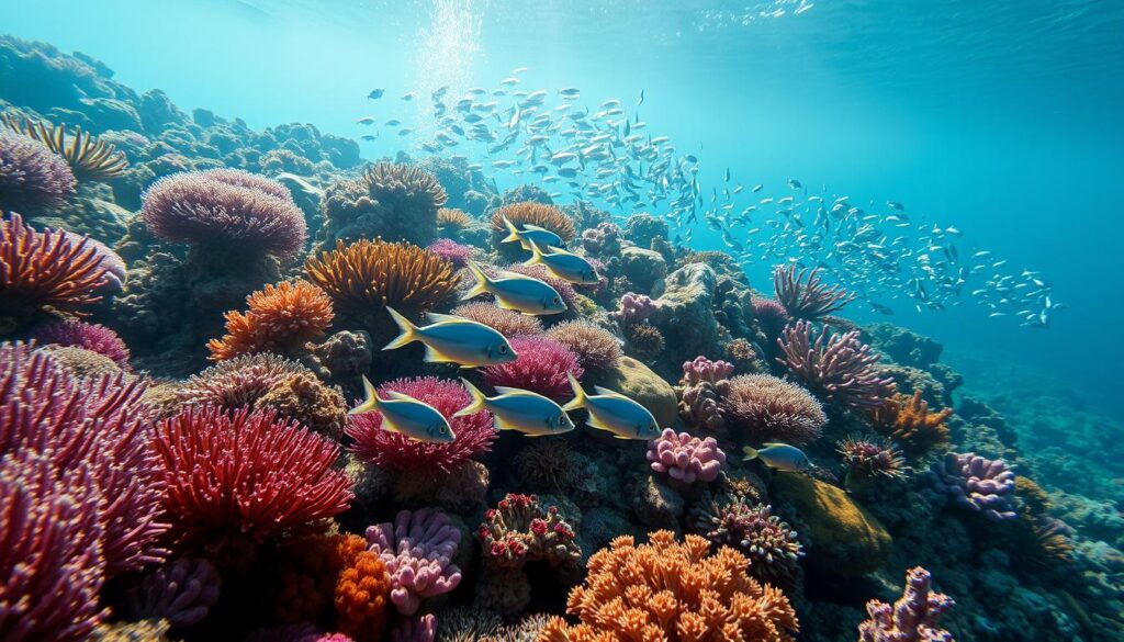 Detailed close-up of vibrant underwater marine life, including a diverse array of colorful corals, sponges, and sea fans. In the foreground, a group of shimmering fish swimming gracefully amidst the lush, thriving ecosystem. Soft, diffused lighting creates a serene, almost ethereal atmosphere, highlighting the delicate textures and intricate patterns of the marine organisms. The mid-ground features a school of small, silvery fish darting through the water, while the background showcases a hazy, sunlit water column, suggesting the depth and vastness of the ocean. The overall composition conveys the beauty, complexity, and potential health benefits of marine-derived collagen and peptides.