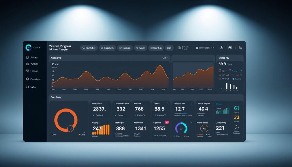 Detailed fitness progress tracking dashboard, sleek and modern design. In the foreground, a large interactive graph displaying workout metrics over time, with customizable charts and data visualization tools. In the middle ground, a grid of smaller status widgets - calorie burn, steps, weight, heart rate, and more. The background features a minimalist UI with clean lines, soft lighting, and a soothing color palette of blues and grays. The overall aesthetic is professional, motivational, and focused on data-driven self-improvement.