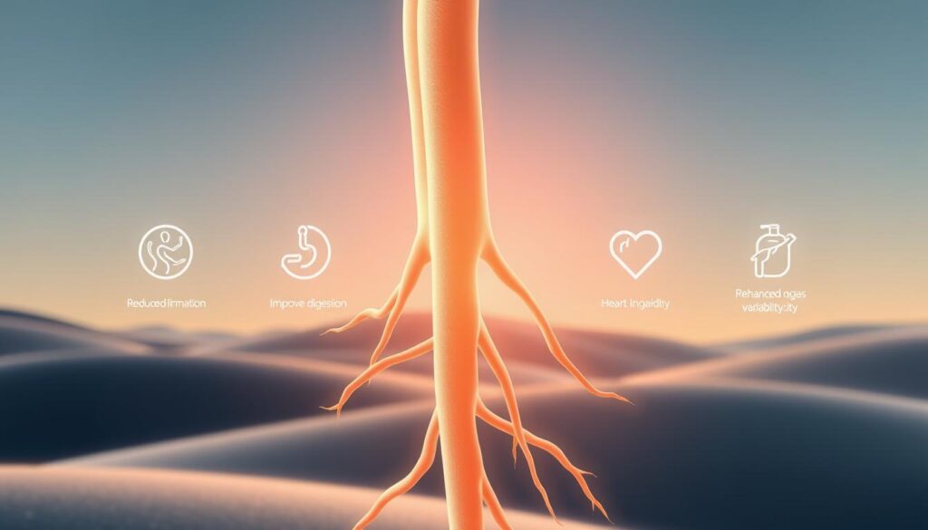 Detailed illustration of the vagus nerve and its stimulation benefits. In the foreground, a close-up view of the vagus nerve, its intricate pathways highlighted with soft, pastel tones. In the middle ground, a series of icons symbolizing the various health improvements associated with vagus nerve stimulation, such as reduced inflammation, improved digestion, and enhanced heart rate variability. The background showcases a serene, minimalist landscape with soft lighting, creating a calming, meditative atmosphere that complements the subject matter. The overall composition should convey the holistic, rejuvenating effects of vagus nerve stimulation in a visually striking and informative manner.