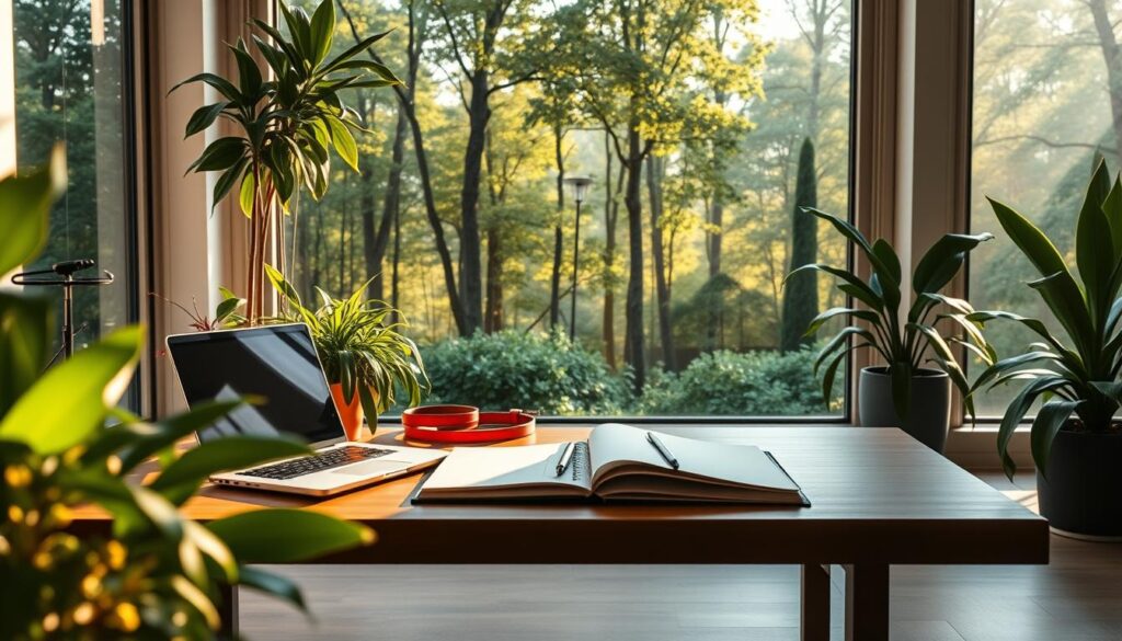 Productivity techniques in a serene workspace: a minimalist desk with a laptop, pen, and planner surrounded by lush, verdant plants bathed in warm, natural lighting from large windows. In the middle ground, exercise equipment like resistance bands and a yoga mat suggest a blending of productivity and fitness. The background features a tranquil, sun-dappled forest landscape, evoking a sense of balance and harmony. The overall atmosphere is one of calm focus and intentional integration of work and wellbeing.