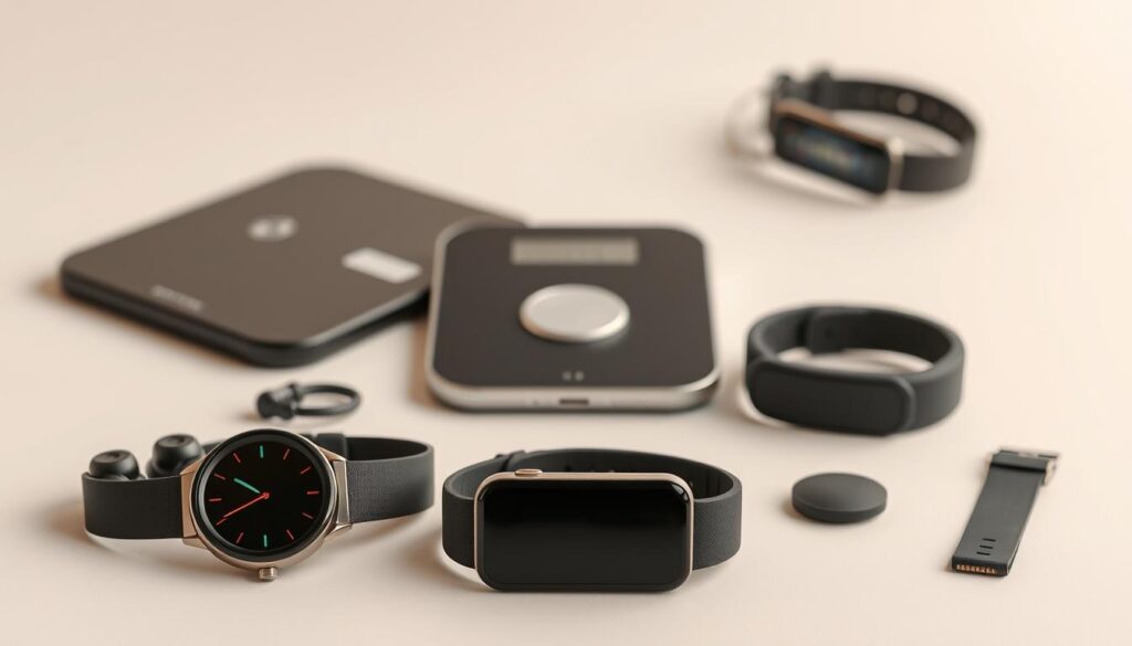 Prompt A flat lay arrangement of various fitness tracking accessories set against a clean, minimalistic background. In the foreground, a smartwatch, wireless earbuds, and a fitness tracker device are neatly displayed. In the middle ground, a digital scale and a heart rate monitoring strap are visible. The background features a smooth, neutral-toned surface, with soft, even lighting creating a calming, modern atmosphere. The overall composition highlights the technological and functional nature of these fitness-focused gadgets, emphasizing their utility for a healthy, connected lifestyle.